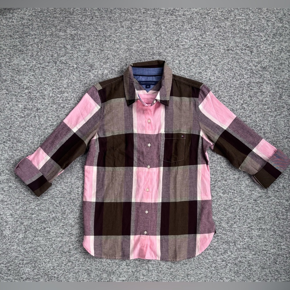 Tommy Hilfiger Pink Brown 100% Cotton Plaid Shirt